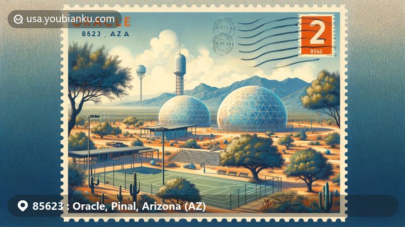Modern illustration of Oracle, Pinal County, Arizona, featuring Biosphere 2 research facility, Oracle Park with mature oak trees and local flora, including a basketball court, set against Santa Catalina Mountains, emphasizing region's geography, with prominent '85623' ZIP code and stamp elements, showcasing postal theme and vibrant artwork reflecting natural beauty and climate of Oracle area.
