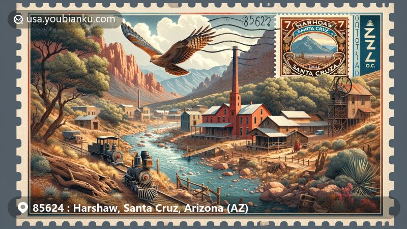 Modern illustration of Harshaw, Santa Cruz County, Arizona, showcasing postal theme with ZIP code 85624, featuring historical and natural elements in a postcard-style scene with references to mining history, Patagonia region, Hermosa mine and mill, James Finley House, Patagonia Mountains, Harshaw Canyon, sycamores, cottonwoods, Gray Hawk, owls, vintage stamp, old-fashioned postmark, airmail envelope outline.
