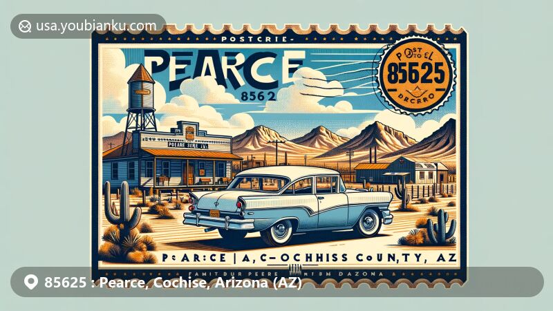 Modern illustration of Pearce, Cochise County, Arizona, featuring iconic Pearce Jail, vintage postage stamp with ZIP code 85625, Rambler Touring Car, and high desert landscape.