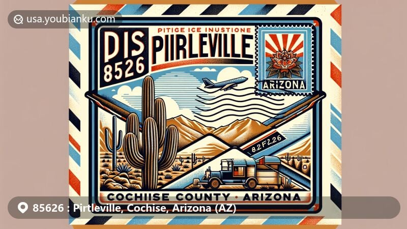 Modern illustration of Pirtleville, Cochise County, Arizona, featuring airmail envelope with ZIP code 85626, showcasing desert landscape and Arizona flora.