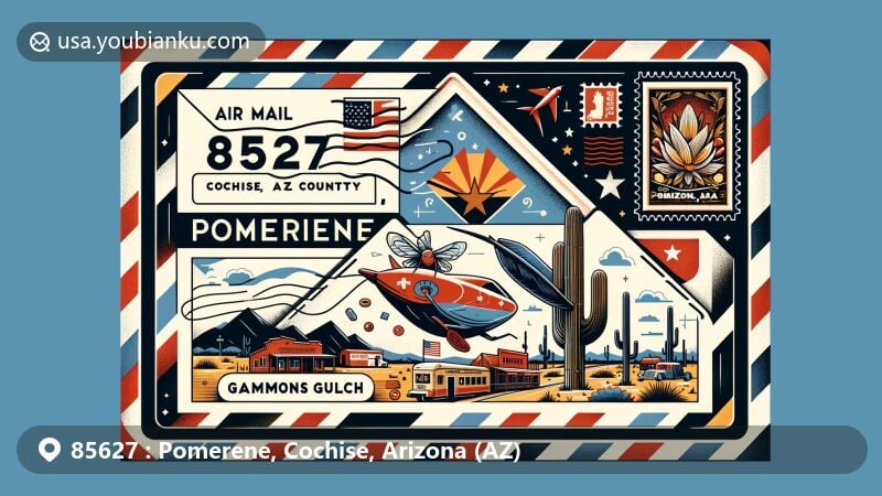 Modern illustration of Pomerene, Cochise County, Arizona, featuring air mail envelope with ZIP code 85627, state flag, Gammons Gulch, Cactus Wren, and postal cancellation mark.