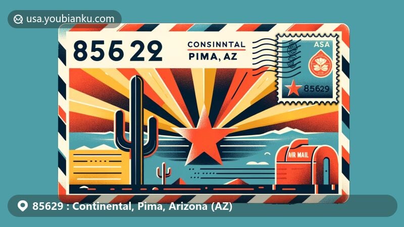 Modern illustration of Continental, Pima County, Arizona, resembling an air mail envelope with postal elements and Arizona state flag, featuring a copper-colored star and desert sunset symbolism.