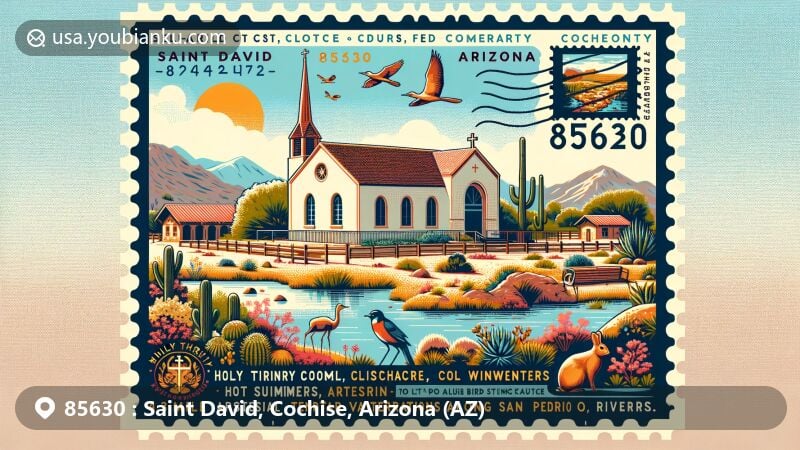 Modern illustration of Saint David, Cochise County, Arizona, depicting ZIP code 85630, showcasing the semi-arid climate with cool winters, hot summers, and the iconic Holy Trinity Monastery.