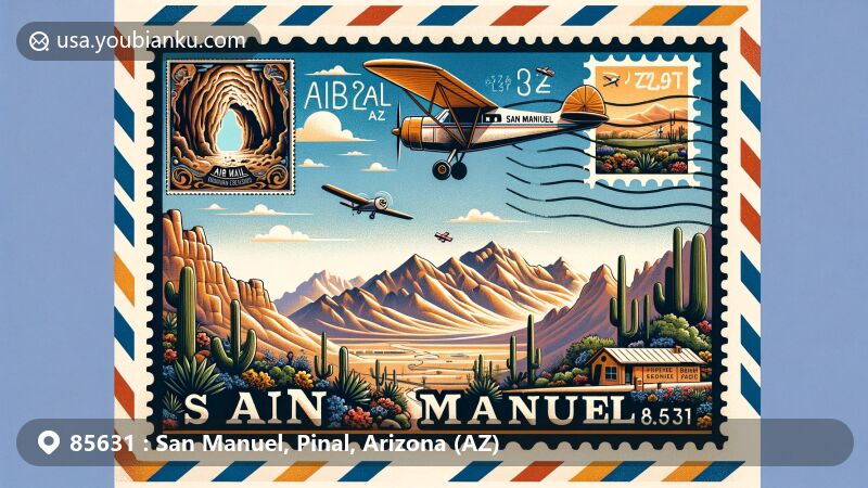 Modern illustration of San Manuel, Arizona, showcasing postal theme with ZIP code 85631, featuring vintage air mail envelope against desert landscape, Peppersauce Cave, and local mountains.