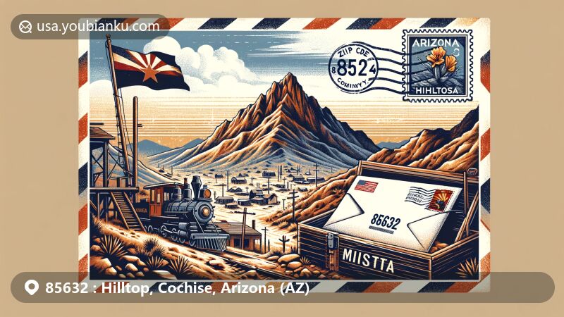 Modern illustration of Hilltop, Cochise County, Arizona, showcasing postal theme with vintage airmail envelope featuring ZIP code 85632 and stamp of Chiricahua Mountains, blending ghost town ambiance with Arizona state flag.