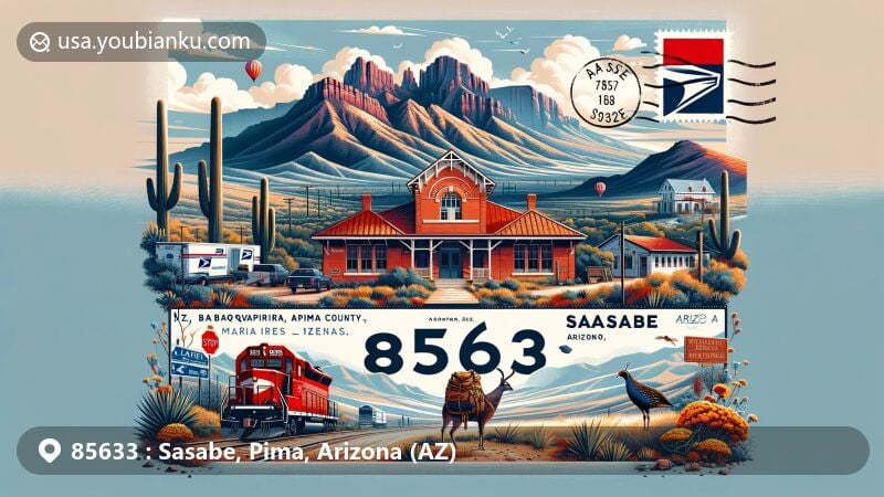 Modern illustration of Sasabe, Pima County, Arizona, blending geographical and historical features with postal elements, showcasing Altar Valley, Baboquivari Mountains, red-brick border station, masked bobwhite quail, Rancho de la Osa, and vintage air mail envelope with ZIP code 85633.