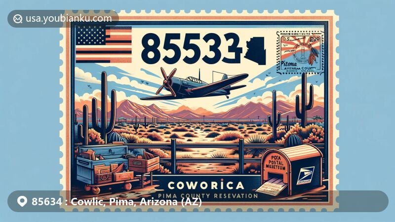 Modern illustration of Cowlic, Pima County, Arizona, showcasing postal theme with ZIP code 85634, featuring the Pima Air and Space Museum, Tohono O'odham Nation elements, and desert scenery.