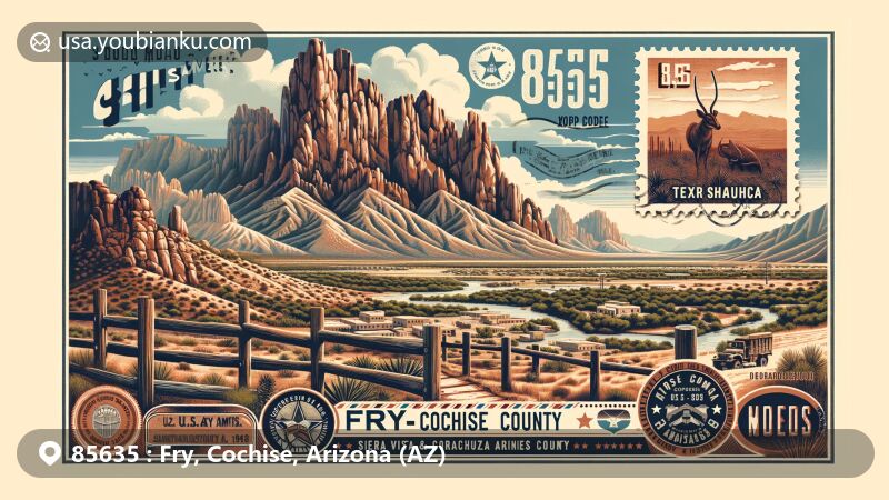 Modern illustration of Fry, Cochise County, Arizona, displaying iconic elements from Sierra Vista area, Dragoon Mountains, Texas Canyon, and Fort Huachuca, integrating postal theme with ZIP code 85635.