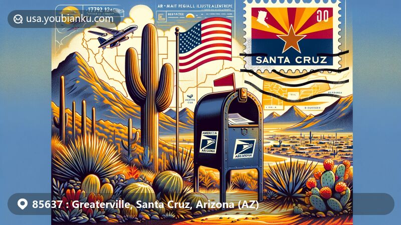 Modern illustration of Greaterville, Santa Cruz County, Arizona, showcasing postal theme with ZIP code 85637, featuring Arizona state flag and desert flora, including saguaros and ocotillos.