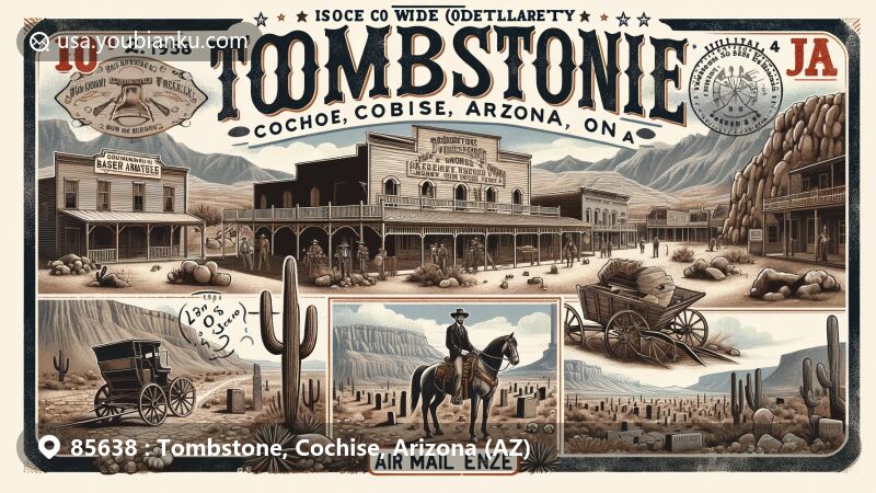 Vintage-style illustration representing Tombstone, Cochise, Arizona, featuring iconic landmarks like O.K. Corral, Bird Cage Theatre, Boothill Graveyard, and elements of mining history, set against a desert backdrop with cacti and mountains, evoking the adventurous spirit of the Old West.