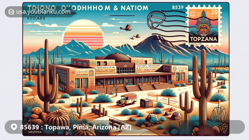 Modern illustration of Tohono O'odham Nation Cultural Center & Museum in Topawa, Arizona, with Baboquivari Peak in the desert backdrop, symbolizing cultural significance.