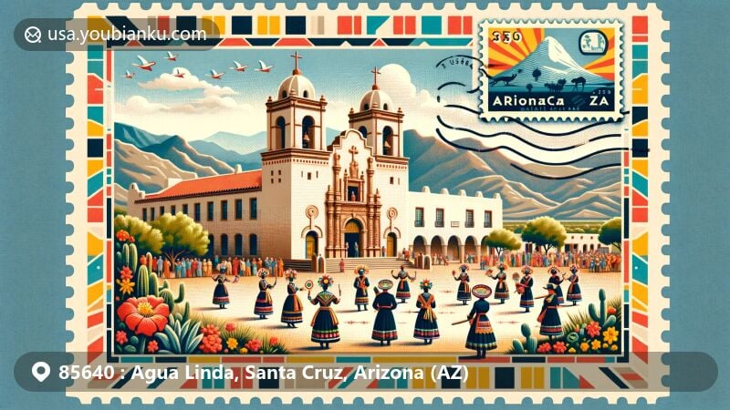 Modern illustration of Tumacácori National Historical Park in Arizona, featuring Mission Revival style architecture, Tumacácori Museum, Spanish Colonial Revival details, and folklórico dancers symbolizing cultural fusion of O’odham, Yaqui, Apache, and missionaries.