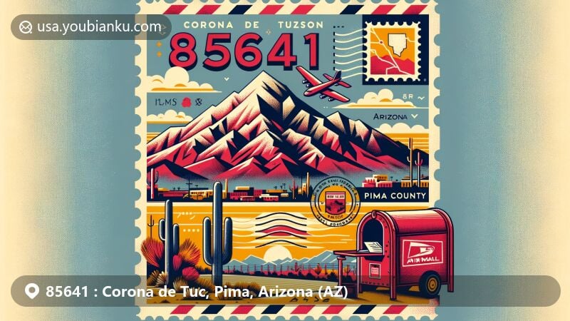 Modern illustration of Corona de Tucson, Pima County, Arizona, with ZIP code 85641, blending postal elements and regional characteristics. Features Santa Rita Mountains in the background, vintage postcard with Arizona outline stamp, and postal service symbols.