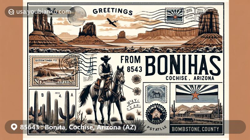 Creative postcard design for ZIP code 85643, Bonita, Cochise, Arizona, featuring Chiricahua National Monument, cowboy silhouette, Tombstone imagery, and Arizona state flag.