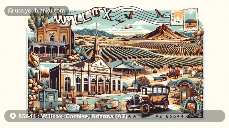 Modern illustration of Willcox, Cochise, Arizona, depicting the town's postal theme with ZIP code 85644, showcasing vineyards, wine bottles, historic buildings like Willcox Theater and Rex Allen Museum, Sulphur Springs Valley, Chiricahua Mountains, and pecan farms.