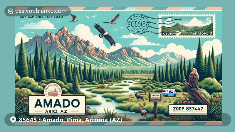 Modern illustration of Amado, AZ showcasing scenic Santa Cruz River Valley with Santa Rita Mountains, popular spot for birdwatching and nature lovers, featuring clear blue sky, lush greenery, and wildlife.
