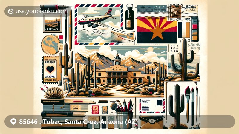 Modern illustration of Tubac, Arizona, blending historical essence with postal elements, featuring Tubac Presidio State Historic Park and symbolic Arizona motifs.