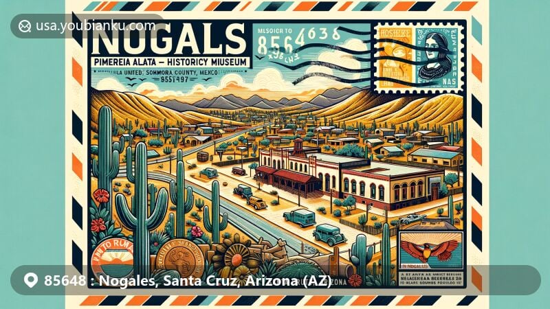Modern illustration of Nogales, Santa Cruz County, Arizona, showcasing postal theme with ZIP code 85648, featuring Pimeria Alta Historical Society Museum and Sonoran Desert elements.