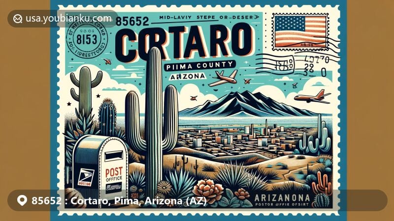 Modern illustration of Cortaro, Pima County, Arizona, designed as a creative postcard featuring the desert climate with cacti, wildlife, and iconic landmarks. Includes a stylized outline of Pima County, Arizona. Postal theme with Arizona state flag, '85652 Cortaro, AZ', mail truck illustration. Bright and engaging artwork suitable for web pages about Cortaro, AZ.