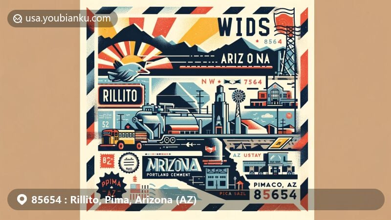 Creative illustration of Rillito, Pima County, Arizona, with ZIP code 85654, blending geographical and cultural elements like Arizona Portland Cement, Marana High School, Arizona state flag, and Pima County outline.