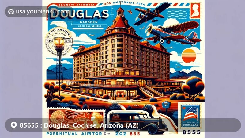 Modern illustration of Douglas, Cochise, Arizona, showcasing postal theme with ZIP code 85655, featuring Hotel Gadsden, Slaughter Ranch, and Douglas Municipal Airport.