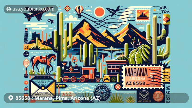 Modern illustration of Marana area in Pima County, Arizona, with ZIP code 85658, featuring iconic desert landscapes, cacti, local wildlife, outdoor activities like hiking and biking, and elements of Marana's rich archaeological history.