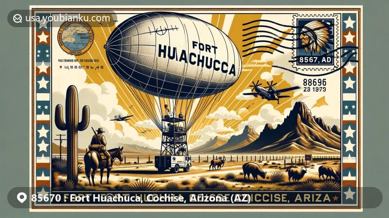 Modern illustration of Fort Huachuca, Cochise, Arizona, with vintage aerostat symbolizing military intelligence, Huachuca Mountains in the background, honoring the fort's history in Apache Wars with Buffalo Soldiers and Apache motifs, showcasing postal theme with ZIP code 85670 and desert wildlife.