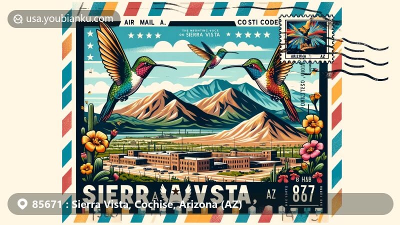 Modern illustration of Sierra Vista, Cochise County, Arizona, USA, featuring Fort Huachuca at the center symbolizing historical and military significance, surrounded by colorful hummingbirds representing the 'Hummingbird Capital of the United States.' Background mountains depict the city's name origin. Postal-themed design resembles a postcard with Arizona imagery like Saguaro cactus and state flag.