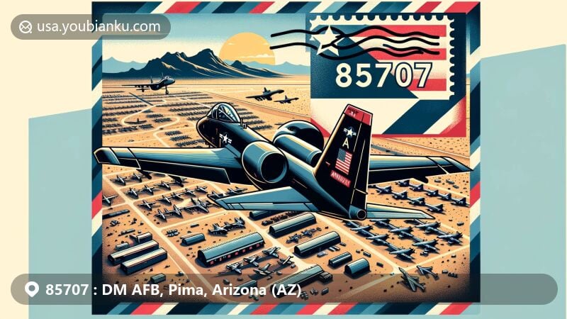 Modern illustration of Davis–Monthan Air Force Base in Tucson, Arizona, focusing on iconic aircraft boneyard and A-10 Thunderbolt II aircraft, with stylized airmail envelope and Arizona state flag.