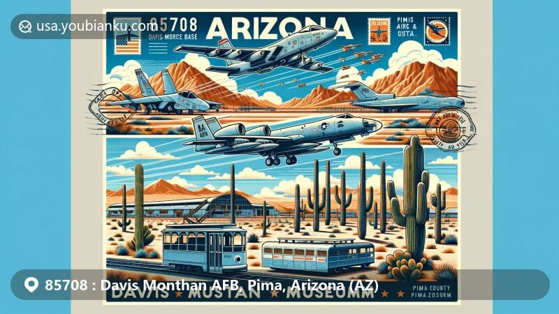 Modern illustration of ZIP Code 85708 area at Davis Monthan AFB, Pima County, Arizona, showcasing diverse aircraft at the 'aircraft boneyard,' A-10 Thunderbolt II, C-5 Galaxy, tram tours at Pima Air & Space Museum, and Arizona's desert landscape with Saguaro cacti.