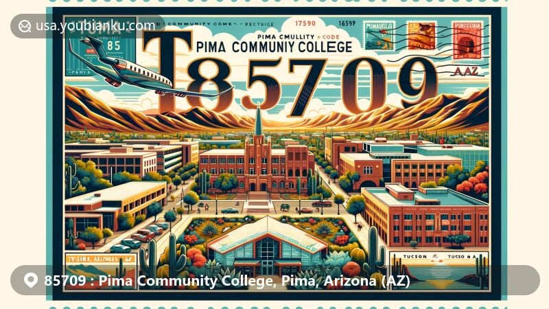 Modern illustration of Pima Community College in Tucson, Arizona, showcasing the downtown campus, arts programs, and desert landscape, creatively integrating postal theme with vintage postcard format and ZIP code 85709.