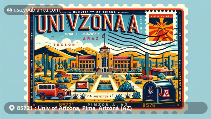 Modern illustration of Tucson, Pima County, Arizona, postcard design with ZIP code 85721, featuring University of Arizona and state flag, emphasizing Arizona state identity and Pima County's natural beauty.