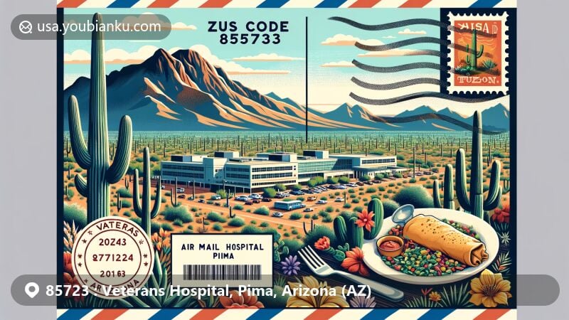 Modern illustration of the Veterans Hospital area in ZIP code 85723, Pima, Arizona, featuring Saguaro National Park, Sonoran Desert, Tucson Mountains, traditional Sonoran-style Mexican food like chimichanga, and Tohono Chul Park's botanical beauty.