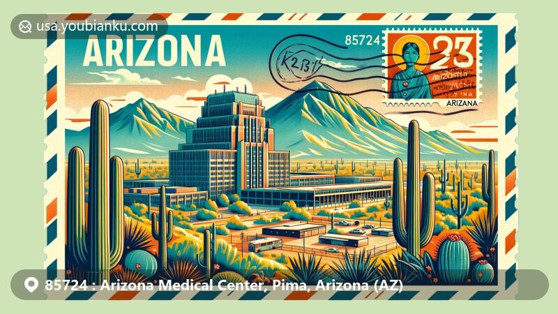 Modern illustration of Arizona Medical Center area in Pima County, Arizona, featuring iconic elements of Tucson area and medical center, including Sonoran Desert landscape, Tucson mountains, and vintage postal theme with ZIP code 85724.