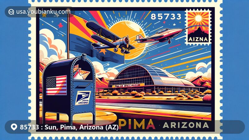 Modern illustration of Sun, Pima, Arizona, themed around postal elements and showcasing Pima Air & Space Museum, Arizona state flag, a typical American mailbox filled with letters, clear blue sky reflecting typical Arizona weather, a vintage airplane symbolizing Pima Air & Space Museum, leaving trails intertwined with '85733' representing the ZIP code. Vibrant color palette capturing Arizona's landscapes, history, and communication through postal service.
