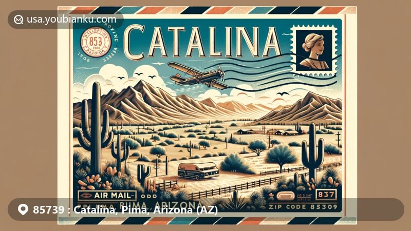 Modern illustration of Catalina, Pima, Arizona, highlighting postal theme with ZIP code 85739, featuring air mail envelope and scenic view of Golder Ranch. Stamp showcases local landmark. Postcard-like design captures rural charm and community spirit.