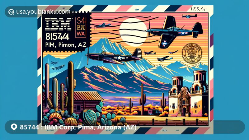Modern illustration of ZIP Code 85744 in Pima County, Arizona, featuring Pima Air and Space Museum, saguaro cacti, Mount Lemmon, Mission San Xavier del Bac, and postal elements, capturing the essence of the region's beauty and heritage.