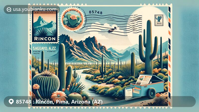 Modern illustration of Rincon area in Pima County, Arizona, featuring airmail envelope with postcard of Saguaro National Park, vintage stamp, and Rincon Mountains.
