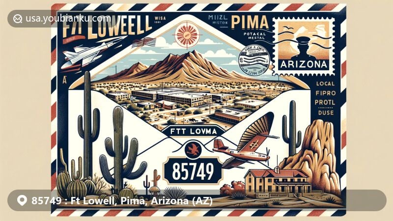 Vintage-style illustration of Ft Lowell, Pima, Arizona, featuring airmail envelope with ZIP code 85749, map of Arizona with Tucson, Fort Lowell, Rincon Mountains, saguaro cacti, roadrunner, and vintage postal elements.
