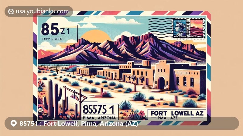 Modern illustration of ZIP code 85751 in Fort Lowell, Pima, Arizona, featuring stylized adobe structures of Fort Lowell and Cottonwood Lane, with Rincon Mountains in the background.