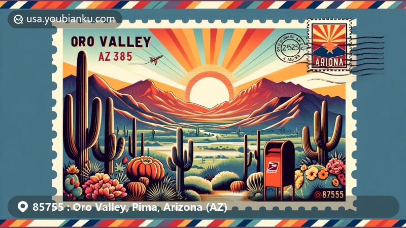Modern illustration of Oro Valley, Pima County, Arizona, with Santa Catalina Mountains as backdrop, showcasing desert landscapes, saguaro cacti, and a sunrise, designed as a postal postcard with airmail envelope border and postal symbols.