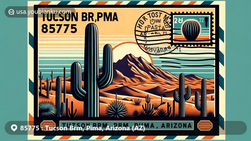 Vibrant illustration of ZIP code 85775, Tucson Brm, Pima, Arizona, showcasing iconic desert landscape with Saguaro cacti and Santa Catalina Mountains, featuring vintage postcard with Arizona-Sonora Desert Museum stamp.
