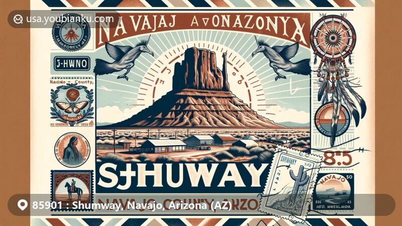 Modern illustration showcasing postal theme of Shumway, Navajo County, Arizona, incorporating regional and cultural elements with ZIP code 85901, featuring Shumway Butte and Navajo Nation symbols.