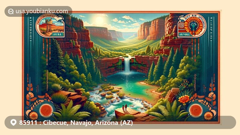 Modern illustration of Cibecue, Arizona, showcasing Cibecue Falls, Apache-Sitgreaves National Forest, and Arizona state symbols on a postcard theme.