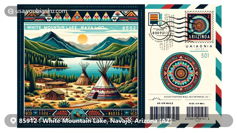 Modern illustration of White Mountain Lake, Navajo County, Arizona, highlighting postal theme with ZIP code 85912, featuring White Mountains and Navajo cultural elements.