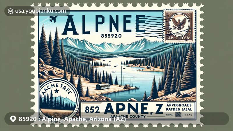 Modern illustration of Alpine, Apache County, Arizona, featuring Apache-Sitgreaves National Forest, Luna Lake, and 'Greetings from Alpine, Arizona - The Alps of Arizona.'