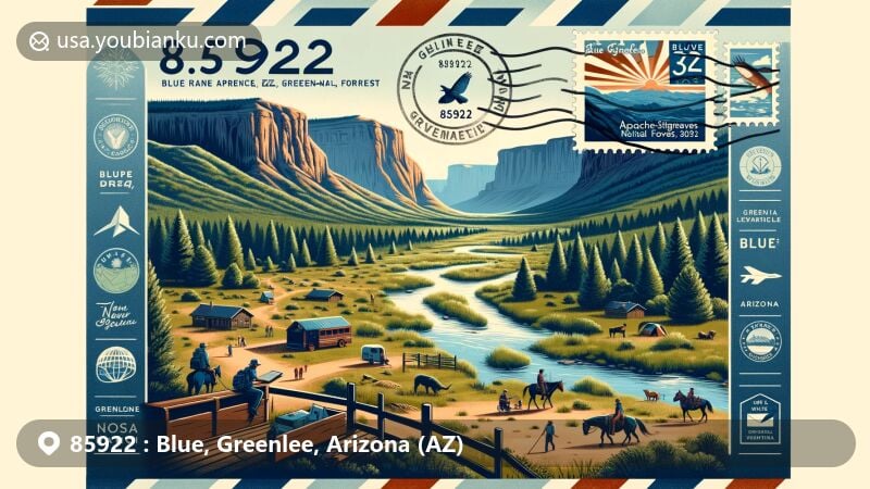 Modern illustration of Blue, Greenlee County, Arizona, highlighting ZIP code 85922 and scenic landscape of Blue Range Primitive Area, featuring Coronado Trail, Apache-Sitgreaves National Forest, Mogollon Rim, and Blue River.