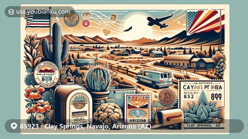 Modern illustration of Clay Springs, Navajo County, Arizona, depicting serene landscapes and seasonal changes, representing cool-summer Mediterranean climate with elements of chilly winters and mild summers, featuring Navajo County silhouette, Arizona state flag, and symbols of diverse local occupations.