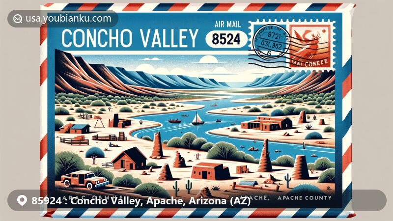 Modern illustration of Concho Valley, Apache County, Arizona, with ZIP code 85924, highlighting the ancestral Puebloan ruins, Concho Lake, and a vibrant air mail envelope.