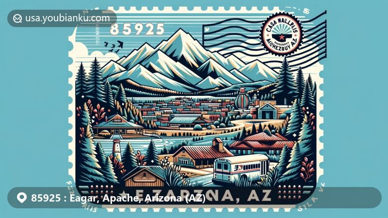 Modern illustration of Eagar, Apache County, Arizona, featuring postal theme with ZIP code 85925, showcasing White Mountain, pines, Round Valley Ensphere, and Casa Malpais archaeological park, highlighting town's history, outdoor activities, and postal elements.
